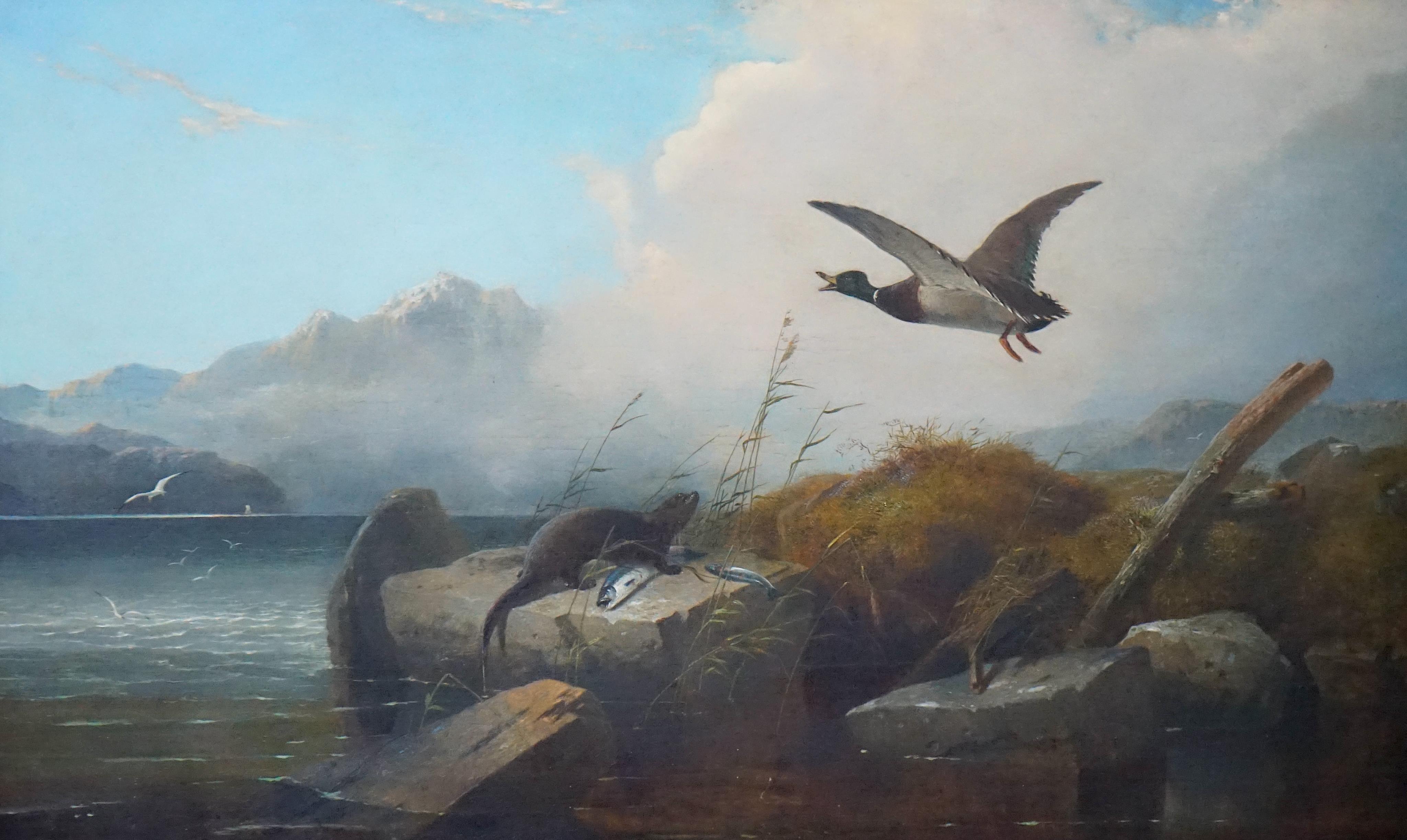 Robert Henry Roe (1793-1880), A highland river landscape with an otter and his catch, watching a mallard, oil on canvas, 75 x 125cm